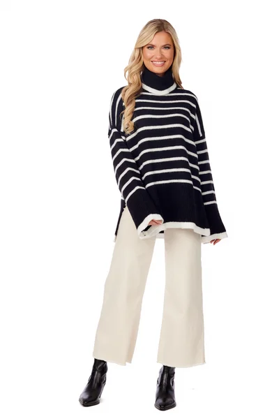 Black Dunn Striped Sweater by Mudpie Cotton Fabric Linen Fabric Terry Fabric