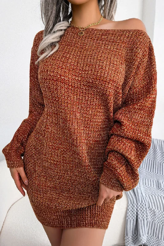 Vintage Boat Neck Long Sleeve Marled Knit Sweater Mini Dress - Coffee Neon Metallic Matte Vintage Boat Neck Long Sleeve Marled Knit Sweater Mini Dress - Coffee Neon Metallic Matte