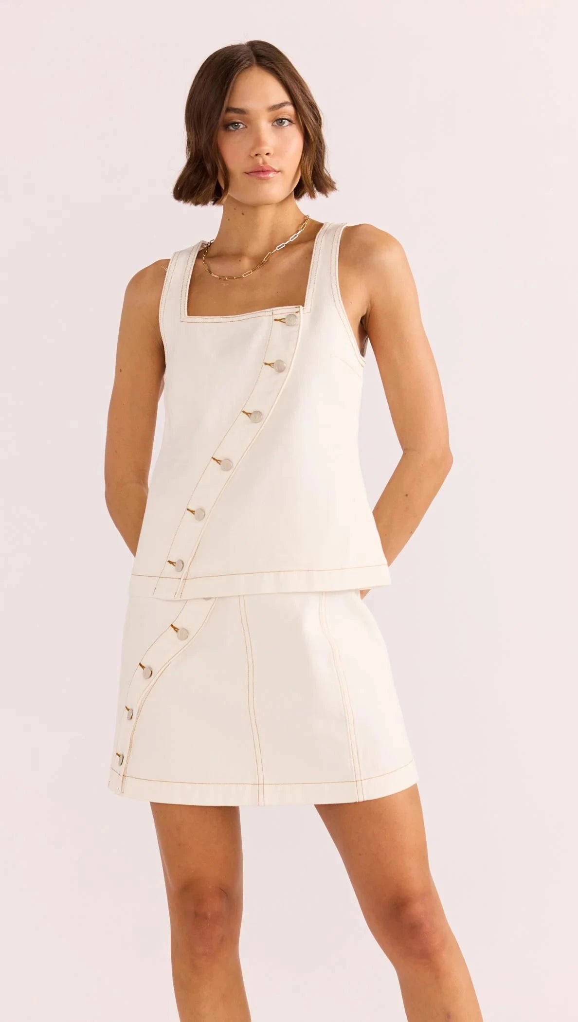 MINK PINK - Tabitha Wave Button Mini Skirt - White leather skirt durable