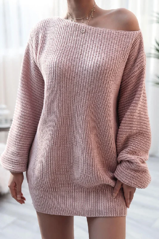 Cozy Winter Boat Neck Long Sleeve Textured Sweater Mini Dress - Pink Houndstooth Herringbone Solid Cozy Winter Boat Neck Long Sleeve Textured Sweater Mini Dress - Pink Houndstooth Herringbone Solid