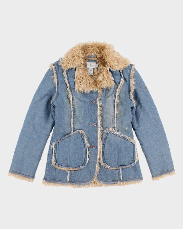 Y2K 00s Calvin Klein Faux Fur Lined And Detailed Denim Jacket - S Notch Collar Peter Pan Collar Cowl Neck