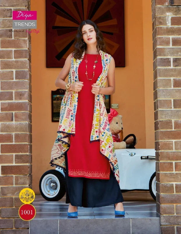 1001 Globus City Rayon Kurti with Rayon Print Shrug and Plazzo pant Elegant High-Waist Pants