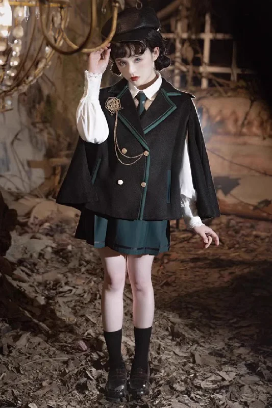 Black/Green Magic Academy Lapel Collar Gothic Vintage College Style Lolita Skirt Full Set silk skirt smooth