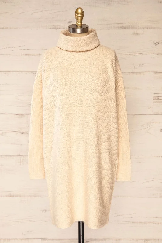 Koror Beige | Knit Turtleneck Sweater Dress Striped Floral Plaid