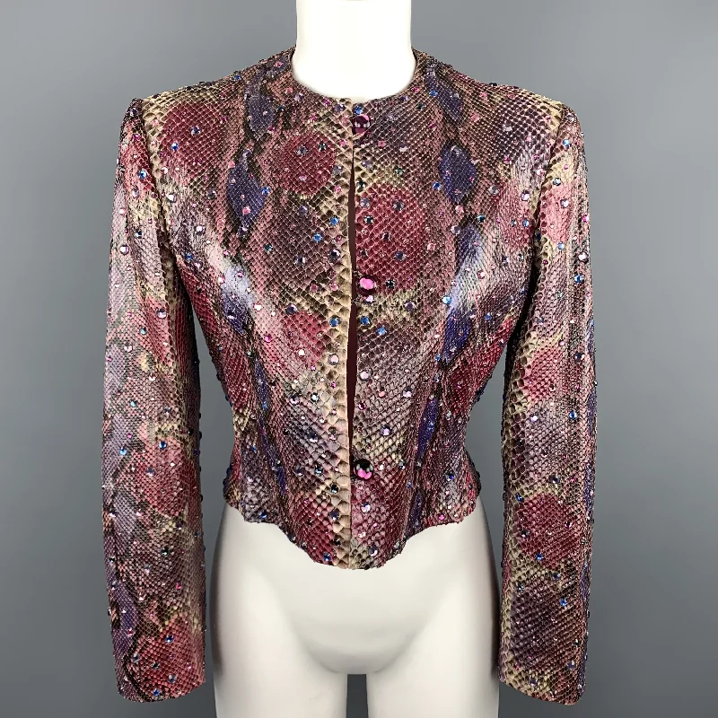 BILL BLASS Size 8 Pink & Purple Rhinestone Snake Skin Cropped Jacket Boat Neck Shawl Collar Notched Collar BILL BLASS Size 8 Pink & Purple Rhinestone Snake Skin Cropped Jacket Boat Neck Shawl Collar Notched Collar