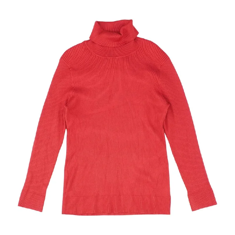 Red Solid Turtleneck Sweater Ribbed Striped Patterned
