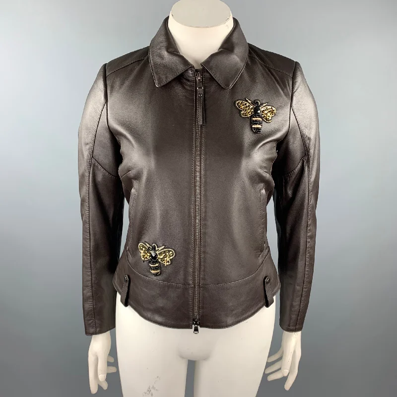 GIZIA Size 6 Brown Leather Bumble Bee Embellishment Zip Up Jacket Satin Jacket Silk Jacket Chiffon Jacket GIZIA Size 6 Brown Leather Bumble Bee Embellishment Zip Up Jacket Satin Jacket Silk Jacket Chiffon Jacket