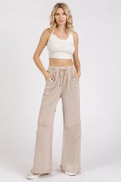 Mittoshop Asymmetric Seam Mineral Wash Elastic Waist Pants In Tan Chic Wool Trousers