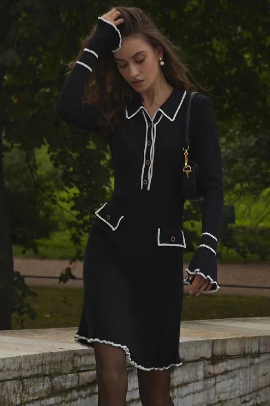 Preppy Chic Contrast Collar Button Up Long Sleeve Ribbed Knit Sweater Mini Dress - Black Wool Sweater Cotton Sweater Cashmere Sweater Preppy Chic Contrast Collar Button Up Long Sleeve Ribbed Knit Sweater Mini Dress - Black Wool Sweater Cotton Sweater Cashmere Sweater