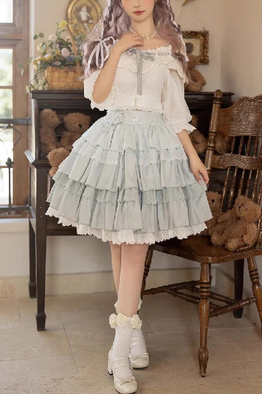 White/Blue Flower Language Multi-layer Ruffle Sweet Lolita Skirt Set flowy skirt hem White/Blue Flower Language Multi-layer Ruffle Sweet Lolita Skirt Set flowy skirt hem