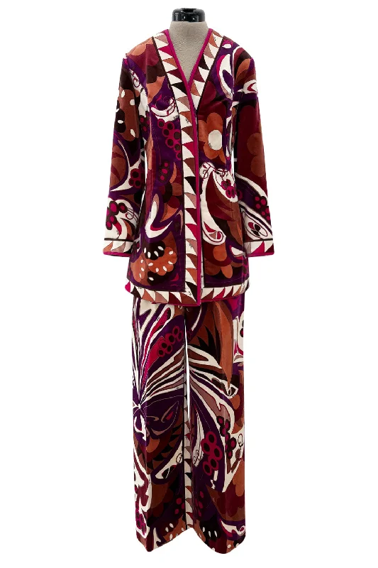 1960s Emilio Pucci Velvet Pink Purple & Brown Print Jacket & Flare Pant Suit Set Sleek Black Pants