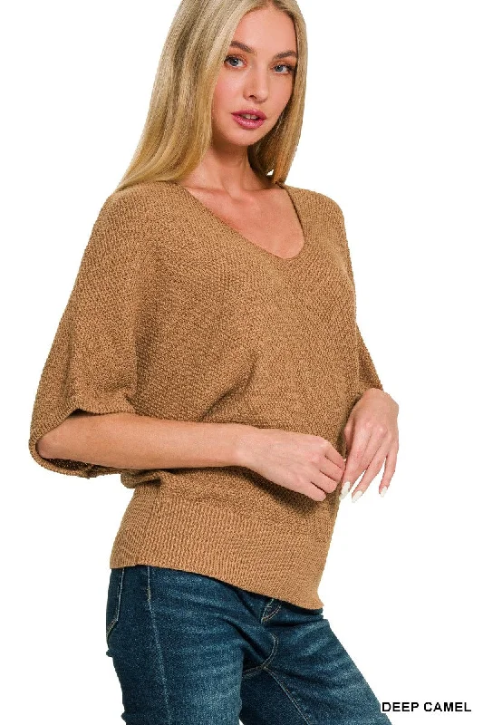 Amazing Days Deep Camel V-Neck Sweater Top Zippered Front Buttoned Front Snap Front