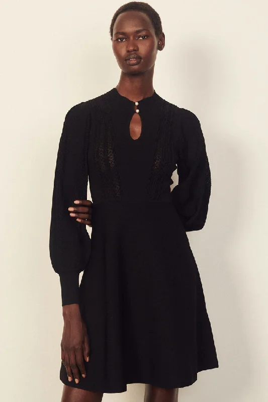 Long Sleeve Cashmere Sweater French Skater Mini Dress - Black Zippered Front Buttoned Front Snap Front Long Sleeve Cashmere Sweater French Skater Mini Dress - Black Zippered Front Buttoned Front Snap Front
