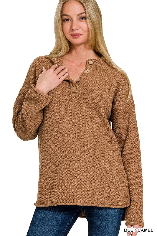 Henley Heaven Deep Camel Button Sweater (Size L/XL) Denim Fabric Leather Fabric Suede Fabric Henley Heaven Deep Camel Button Sweater (Size L/XL) Denim Fabric Leather Fabric Suede Fabric