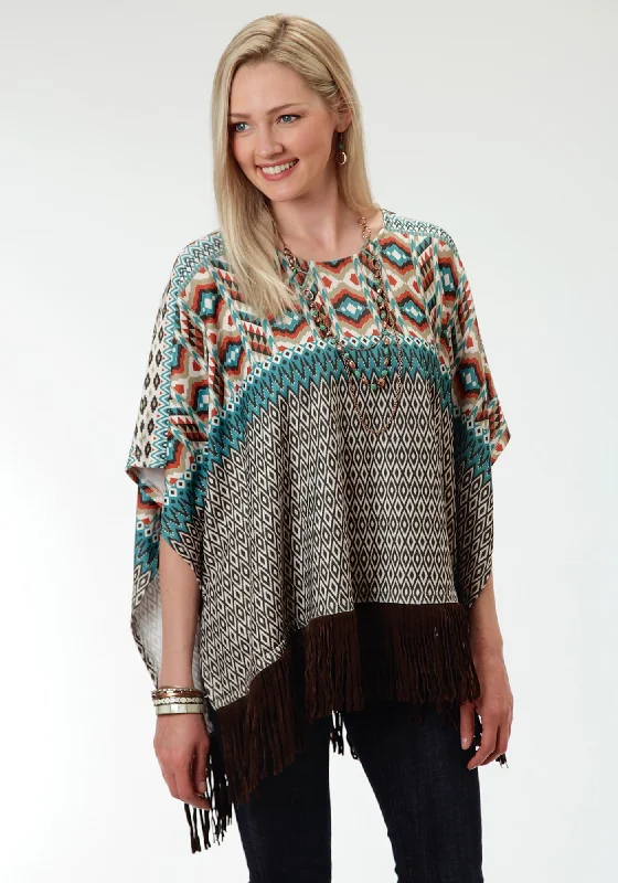 Roper Aztec Print Ladies Brown Polyester Poncho Sweater Elasticated Padded Insulated