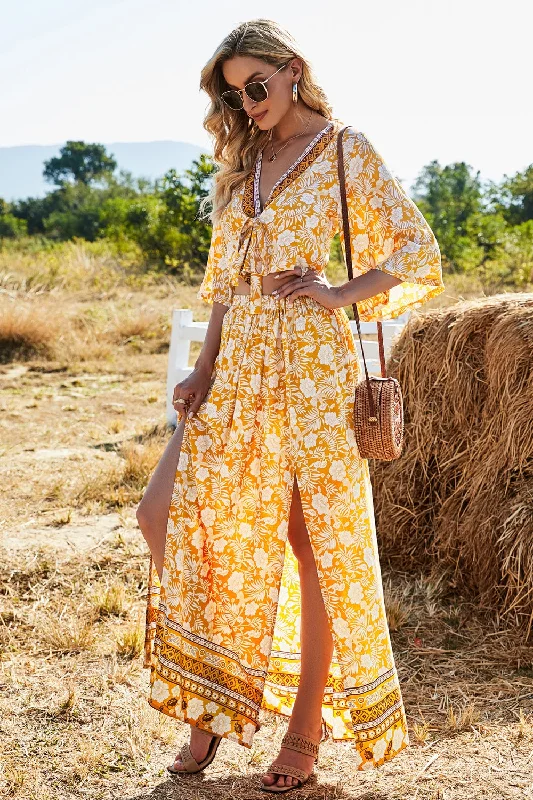 Printed Half Sleeve Top and Slit Skirt Set cotton skirt soft