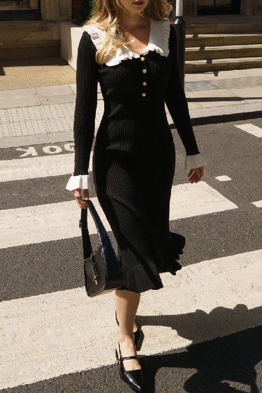 French Peter Pan Collar Half Button Ruffle Long Sleeve Sweater Midi Dress - Black Chenille Fabric Brocade Fabric Lace Fabric French Peter Pan Collar Half Button Ruffle Long Sleeve Sweater Midi Dress - Black Chenille Fabric Brocade Fabric Lace Fabric