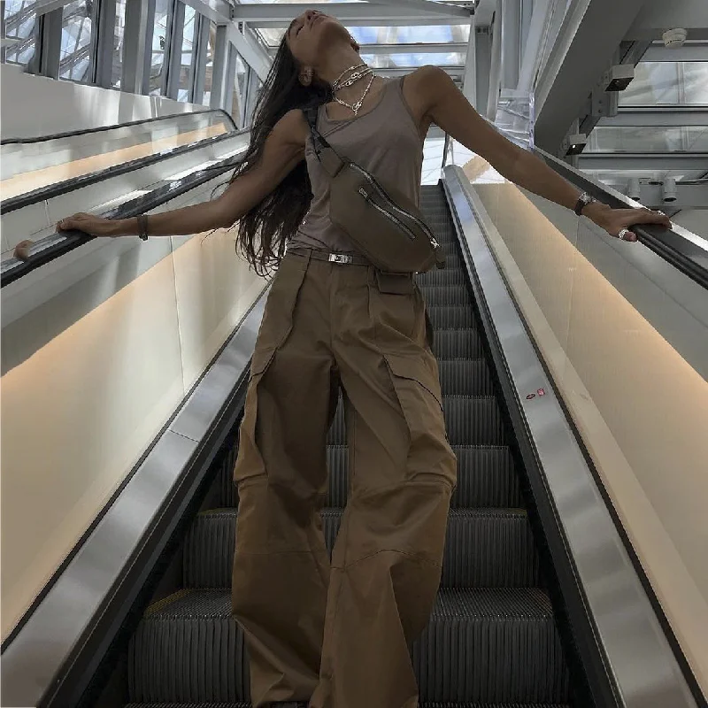 Multi-Pocket Wide-Leg cargo Pants Trendy Printed Pants