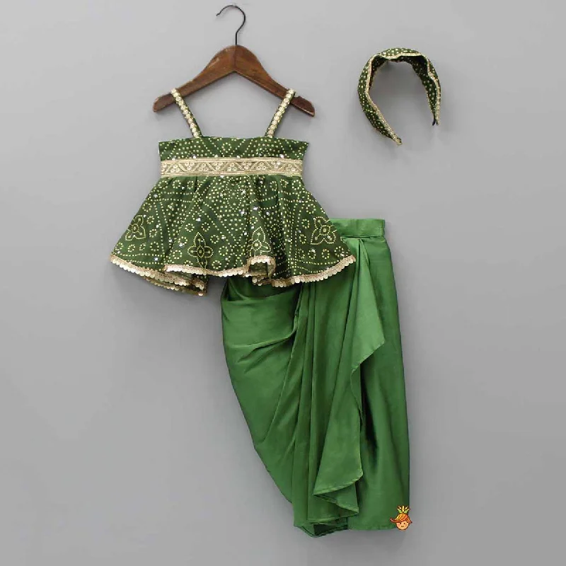 Pre Order: Faux Mirror Work Green Top And Stylish Dhoti Skirt With Matching Hair Band wool skirt warm