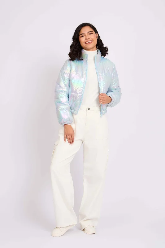 Women Jacket Cropped Puffer  Off White Knit Fabric Woven Fabric Fleece Fabric