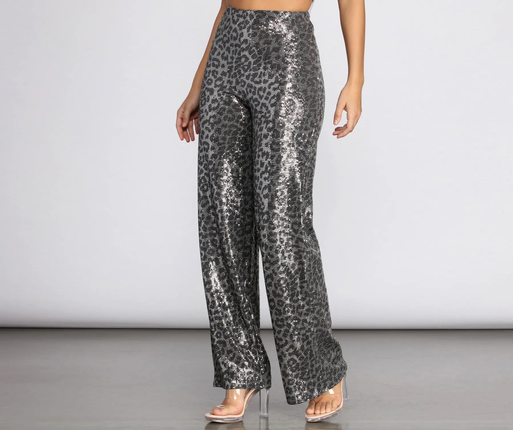 Leopard Sequin Wide Leg Pants Relaxed High-Waist Trousers