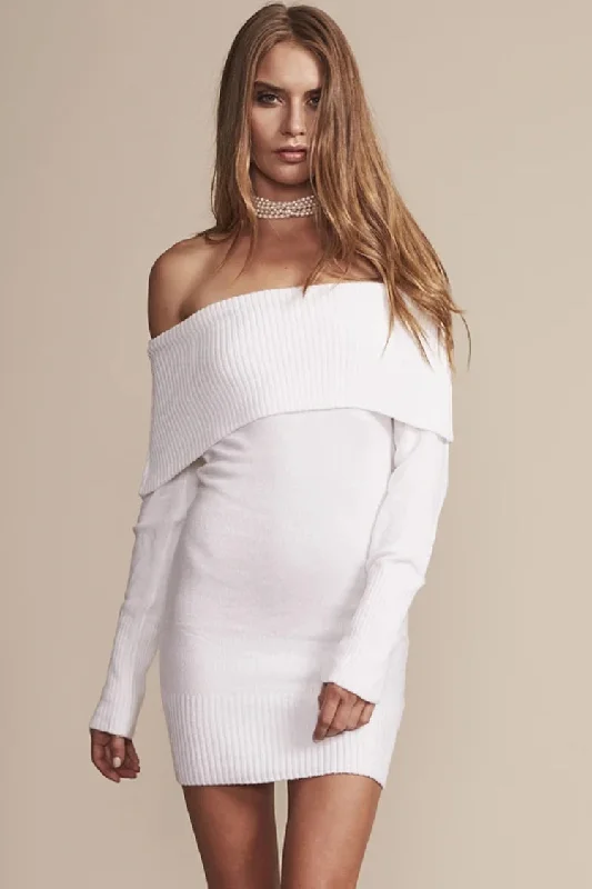 Ribbed Long Sleeve Draped Off Shoulder Mini Sweater Dress - White Ribbed Striped Patterned Ribbed Long Sleeve Draped Off Shoulder Mini Sweater Dress - White Ribbed Striped Patterned