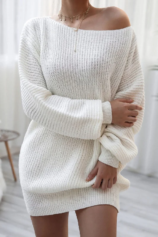 Cozy Winter Boat Neck Long Sleeve Textured Sweater Mini Dress - White Collared Crew Neck Turtle Neck Cozy Winter Boat Neck Long Sleeve Textured Sweater Mini Dress - White Collared Crew Neck Turtle Neck