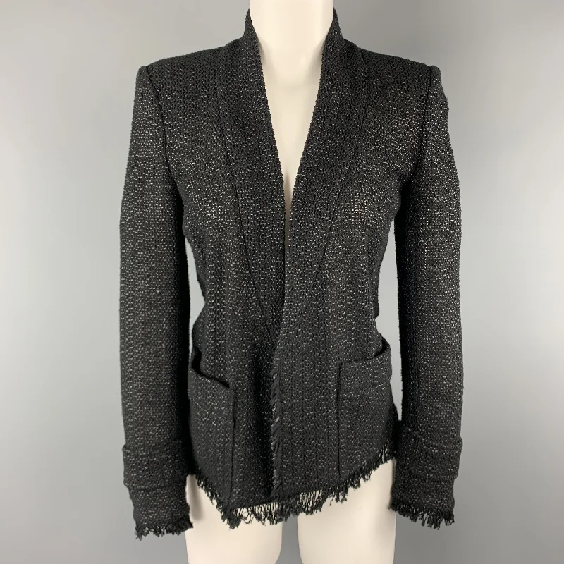 ISABEL MARANT Size 4 Black Tweed Open Front Fringe Jacket Herringbone Jacket Houndstooth Jacket Plaid Jacket ISABEL MARANT Size 4 Black Tweed Open Front Fringe Jacket Herringbone Jacket Houndstooth Jacket Plaid Jacket