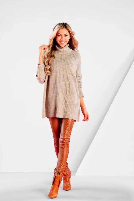 Freddie Ribbed Sweater in Tan by Mudpie Toggled Drawstring Belted
