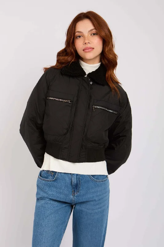 Women Jacket Cropped Waterproof Bomber Black Hoodie Zip-Up Jacket Button-Up Jacket