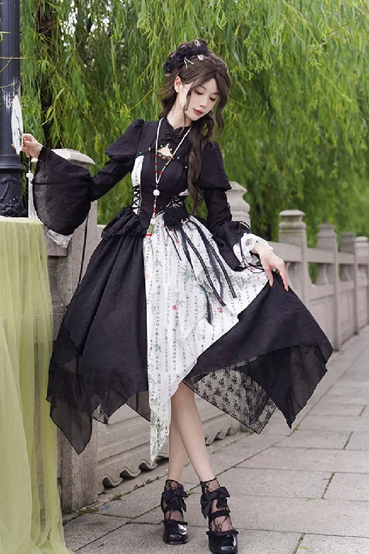 Black Frost Moon Night Print Irregular Color Matching Sweet Chinese Style Lolita Skirt button skirt front Black Frost Moon Night Print Irregular Color Matching Sweet Chinese Style Lolita Skirt button skirt front