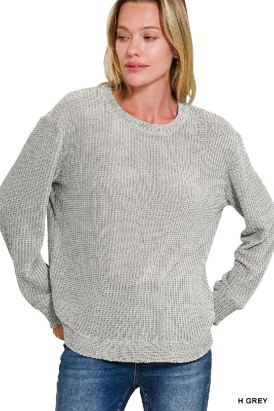 Its Over My Head Grey Chenille Waffle Sweater (Size Large) Mesh Sweater Canvas Denim