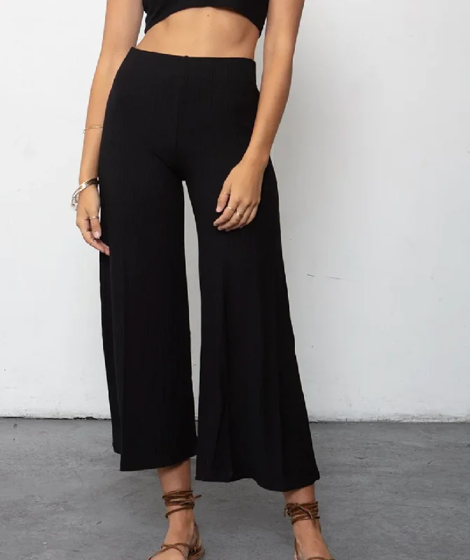 Black Rib Wide Leg Pant Comfortable Wide-Leg Pants