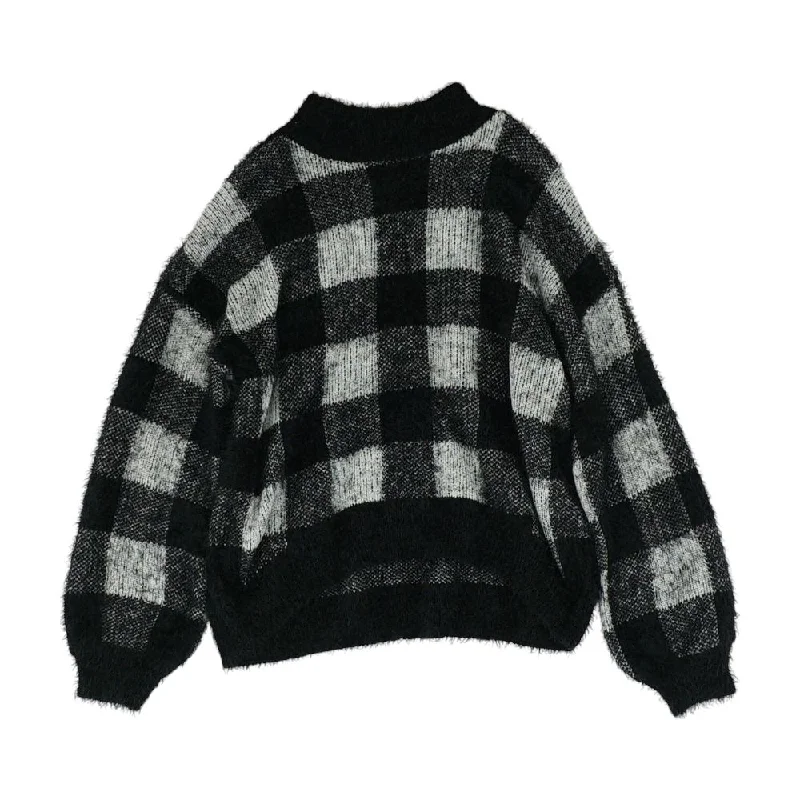 Black Check Crewneck Sweater Ribbed Striped Patterned