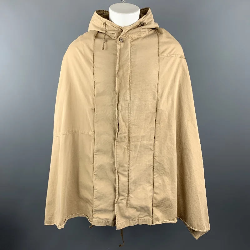 THE DRESS & CO. Size 42 Khaki Cotton Hooded Drawstring Cape Jacket Zip Front Button Front Snap Front THE DRESS & CO. Size 42 Khaki Cotton Hooded Drawstring Cape Jacket Zip Front Button Front Snap Front