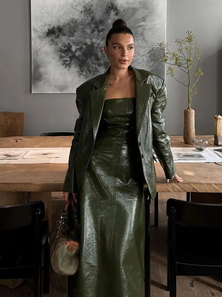 Cinessd Christmas Gift Outfit PU Leather Strapless Dresses Coat Women's Two Pieces Set Vintage Tube Sleeveless Slim Long Dress Lapel Jackets Street Outfits Mesh Jacket Canvas Jacket Denim Jacket