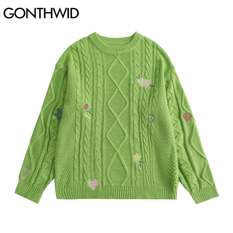 GONTHWID Sweaters Hip Hop Embroidery Flower Heart Knitted Jumpers Sweater Harajuku Loose Casual Streetwear Knitwear Tops Long Sweater Short Sweater Cropped Sweater