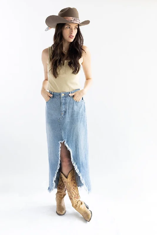 Denim Frayed Slit Midi Skirt corduroy skirt durable