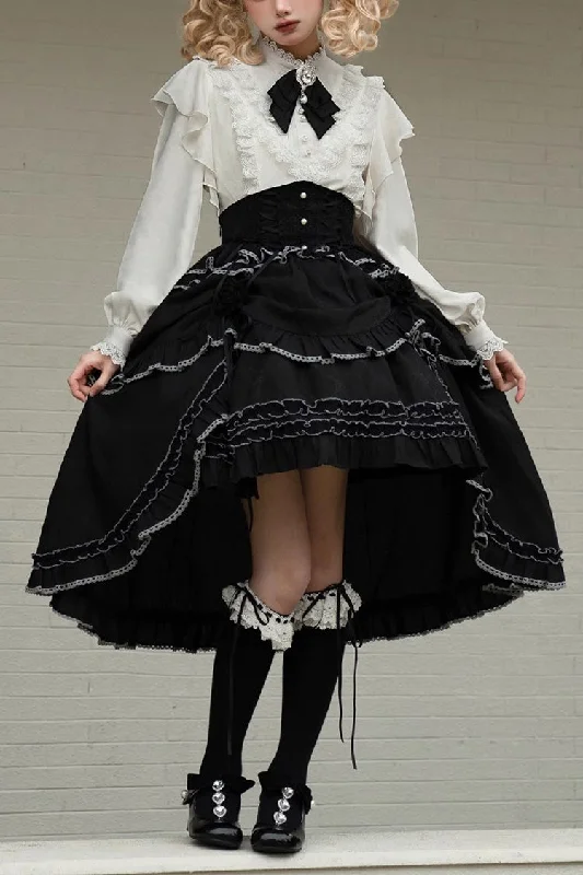 Black Late Night Castle Print Ruffle Gothic Lolita Skirt leather skirt modern