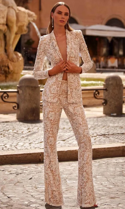 Sherri Hill 55907 - Plunging V-Neck Beaded Lace Pantsuit Soft Sweatpants Style