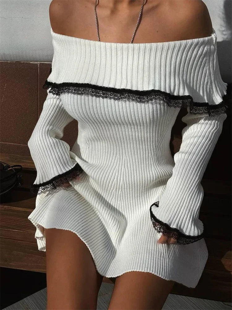 Knit Off-Shoulder Sweater Mini Dress Women's Lace Patchwork Ribbed Slim Backless Elegant Party Dress Knitwear Mini Dress Sequined Glittery Shiny Knit Off-Shoulder Sweater Mini Dress Women's Lace Patchwork Ribbed Slim Backless Elegant Party Dress Knitwear Mini Dress Sequined Glittery Shiny