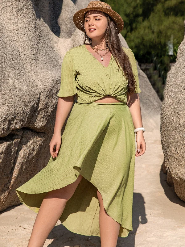 Plus Size V-Neck Half Sleeve Top and High-Low Skirt Set midi skirt versatile