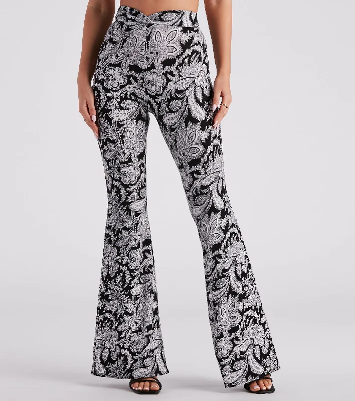 Boho Gal Paisley Cross Waist Flare Pants Trendy Wide-Legged Trousers