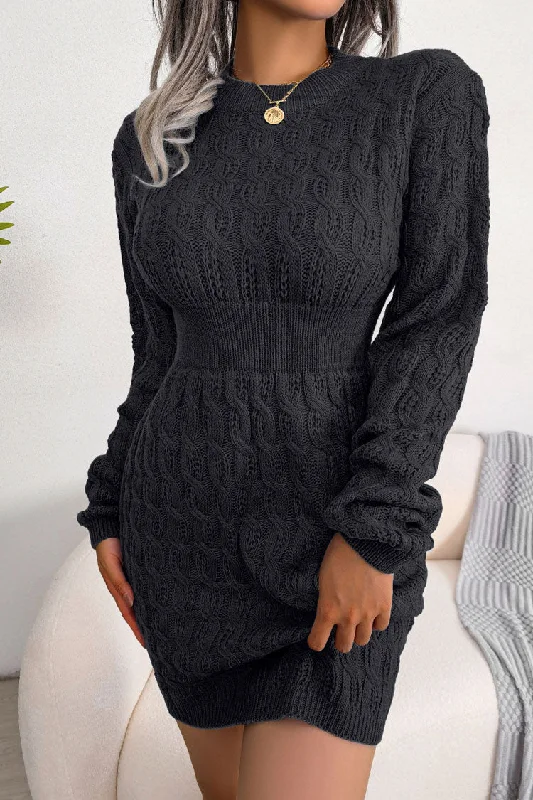 Cozy Winter Fisherman Cable Knit Bodycon Sweater Mini Dress - Black Transparent Opaque Sheer Cozy Winter Fisherman Cable Knit Bodycon Sweater Mini Dress - Black Transparent Opaque Sheer