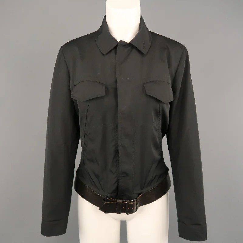 JEAN PAUL GAULTIER Size 8 Black Hidden Placket Brown Belt Trucker Jacket Jacket Blazer Coat JEAN PAUL GAULTIER Size 8 Black Hidden Placket Brown Belt Trucker Jacket Jacket Blazer Coat
