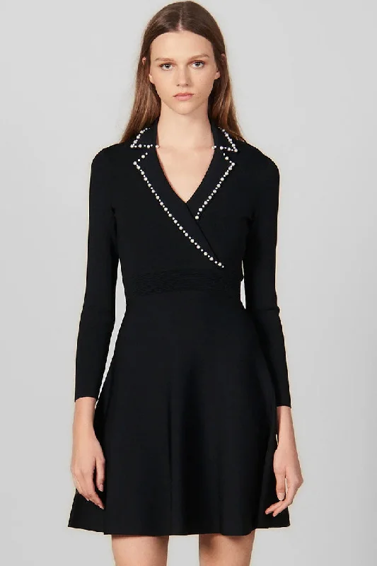 Vintage Pearl Lapel Long Sleeve Fit & Flare Sweater Mini Dress - Black Wool Fabric Cashmere Fabric Tweed Fabric Vintage Pearl Lapel Long Sleeve Fit & Flare Sweater Mini Dress - Black Wool Fabric Cashmere Fabric Tweed Fabric