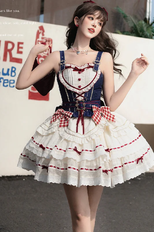 Red/White/Blue Fairy Tale Secret Land Multi-layer Ruffle Bowknot Princess Sweet Lolita Skirt Full Set chiffon skirt flowing