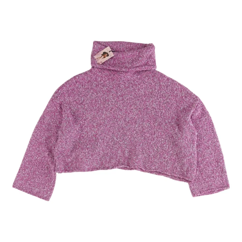 Pink Solid Sweater Turtle Neck Boat Neck Asymmetrical Neck