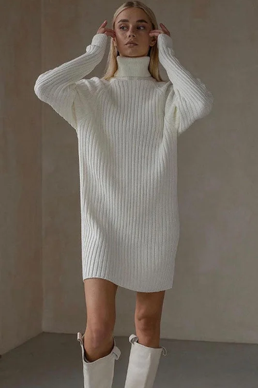 Chic Turtleneck Long Sleeve Chunky Ribbed Knit Winter Sweater Mini Dress - White Plaid Sweater Polka Dot Checkered Chic Turtleneck Long Sleeve Chunky Ribbed Knit Winter Sweater Mini Dress - White Plaid Sweater Polka Dot Checkered