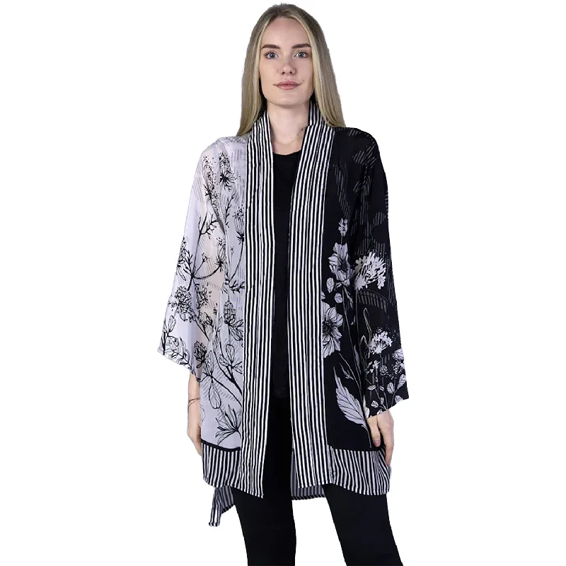Women's Shana Apparel Kimono Jacket Blk/White Stripes/Floral Wool Fabric Cashmere Fabric Tweed Fabric Women's Shana Apparel Kimono Jacket Blk/White Stripes/Floral Wool Fabric Cashmere Fabric Tweed Fabric